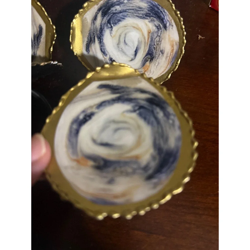 Set of 4 Coastal Oyster Shell Napkin Rings Marbled Blue Gold Nautical Decor
